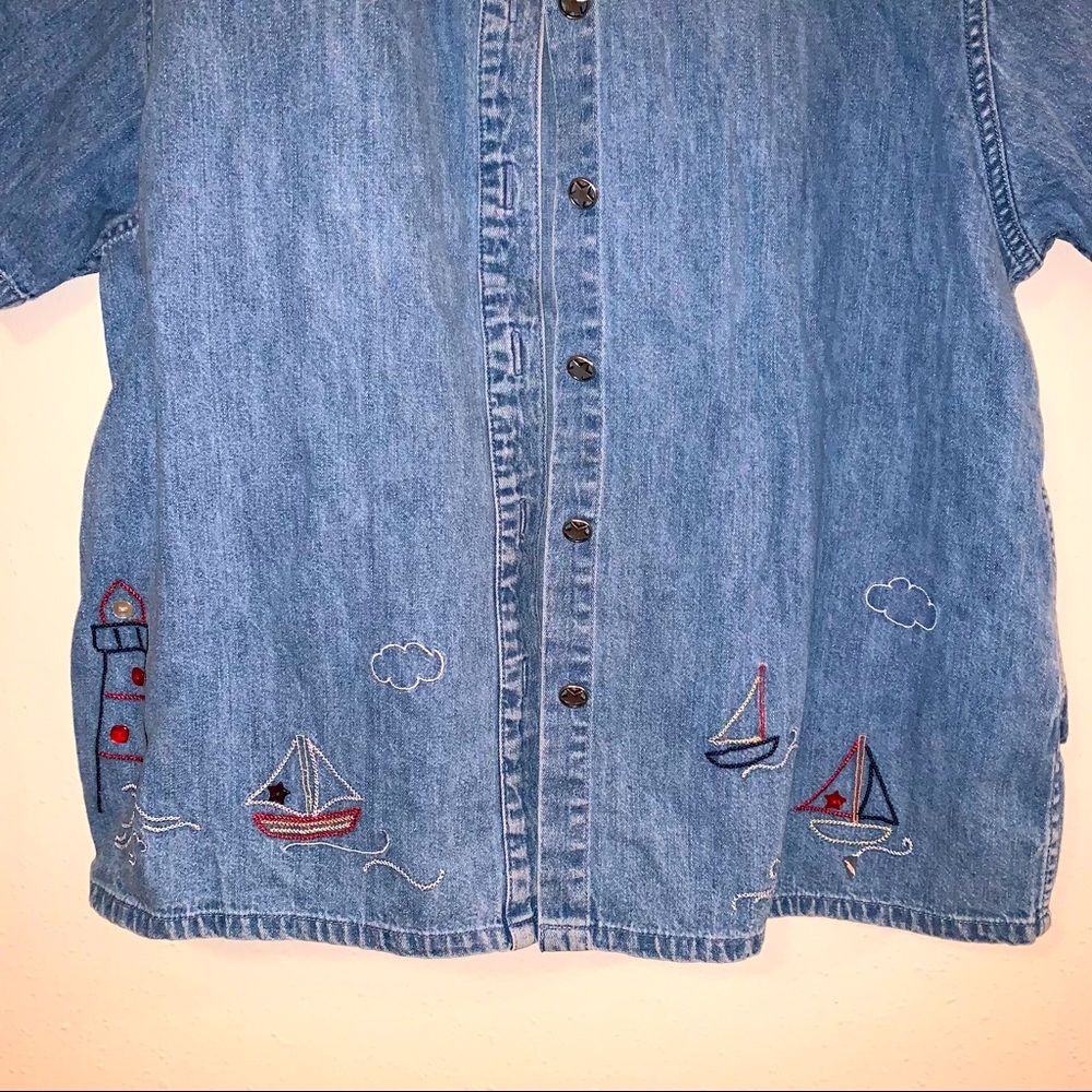 Christopher & Banks Large Cotton Denim Look Embroidered Nautical Theme Shirt - Picture 8 of 11